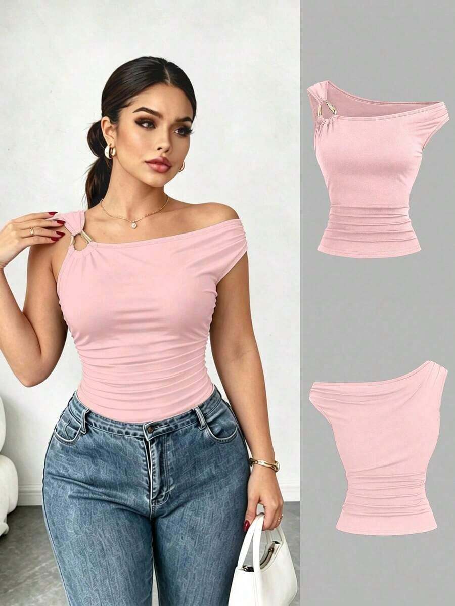 Camiseta ajustada con cuello asimétrico talla grande, top casual versátil, primavera/verano - Rosa - Ver 1
