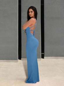 Vestido largo de uso diario con tiras cruzadas sencillas y liso para mujer - Azul - Ver 4
