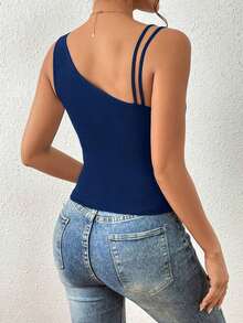 Top unicolor de cuello asimétrico tejido de canalé - Azul marino - Ver 2