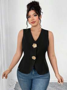 Blusa sin mangas con cuello en V y textura de lino sintético, con botones decorativos en color dorado y rosa, cintura ajustada, elegante para ir a trabajar, salir, fiestas y citas, talla grande - Negro - Ver 5