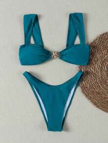 Nuevo conjunto de bikini de mujer sexy y casual con tirantes anchos y decoración de estrella de mar en color caqui, adecuado para la playa, vacaciones, fiestas y citas - Azul - Ver 2