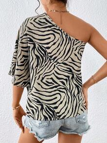 Blusa de manga de murciélago con un hombro y rayas de cebra, Blusas de manga tres cuartos - Beis - Ver 2