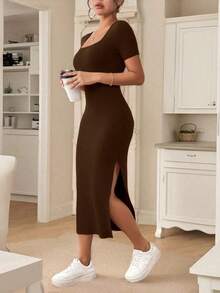 Frenchy Vestido elegante de unicolor de manga corta con abertura simple para mujeres - Marron oscuro - Ver 5