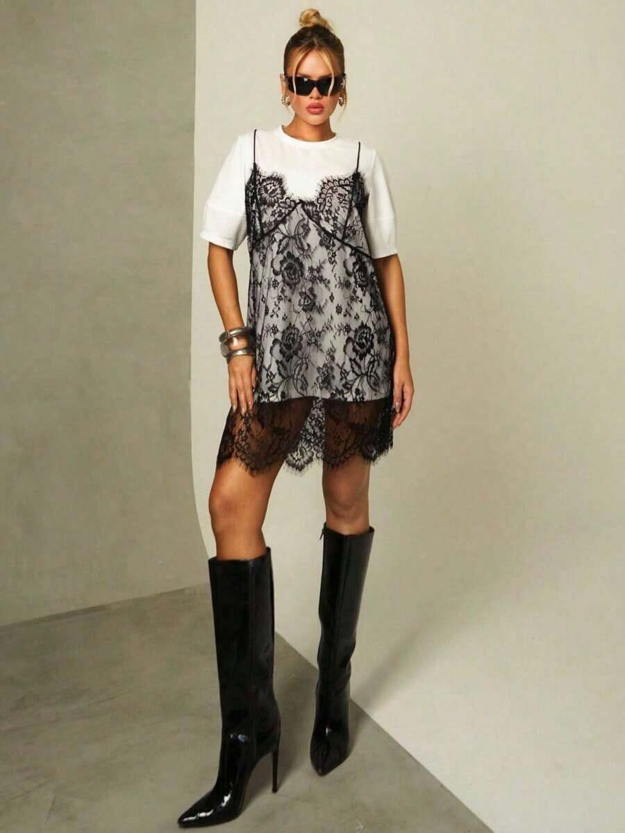 Vestido de mujer con mangas cortas, splice de encaje y 2 en 1, vestidos casuales para mujeres - Blanco y Negro - Ver 1