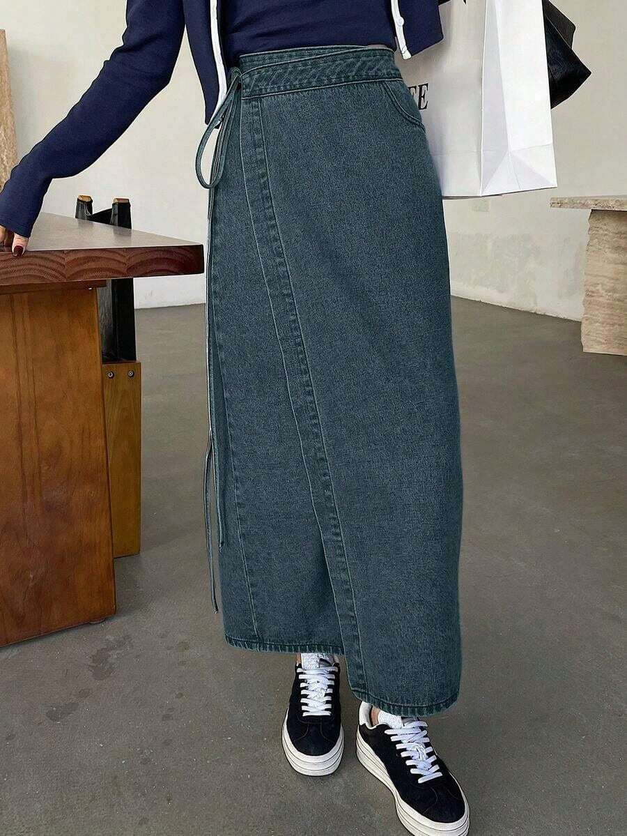 Falda vaquera larga casual con nudo lateral para mujer - Azul lavado medio - Ver 1