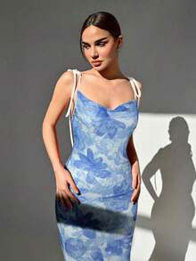 Vestido largo con tirantes de espagueti y espalda descubierta, de estilo minimalista y apropiado para el verano - Azul - Ver 3