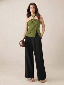 Top con cuello de halter, diseño de botón de metal verde, abertura lateral, elegante y chic para uso urbano y diario, estilo romántico retro de los 90.Adecuado para Navidad, Año Nuevo, San Valentín, fiestas, playa, graduación, moda, carnaval, bod - Verde 2 - Ver 5