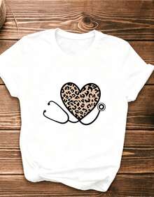 Single Garment, Not A 3-Piece Set, 1 Piece/Set Of Short-Sleeved T-Shirts Suitable For Streetwear, Oversized Round Neck Top For Daily Outings, Camping, Concerts, Hip-Hop, Rock, And Rap Events. Women's T-Shirt, Casual Short-Sleeved T-Shirt For Women, Leopard Print Stethoscope And Heart T-Shirt, Women's Short-Sleeved Round Neck T-Shirt, Breathable Pure Cotton Casual Sports Top, Gift For Holidays, Spring, Butterfly, Easter. - 白色 - 查看 2