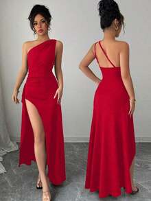 Nuevo vestido negro asimétrico sexy con hombro plisado, recorte hueco y abertura alta, adecuado para vacaciones, citas y fiestas en verano - Rojo - Ver 1
