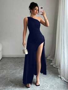 Nuevo vestido negro asimétrico sexy con hombro plisado, recorte hueco y abertura alta, adecuado para vacaciones, citas y fiestas en verano - Azul marino - Ver 4