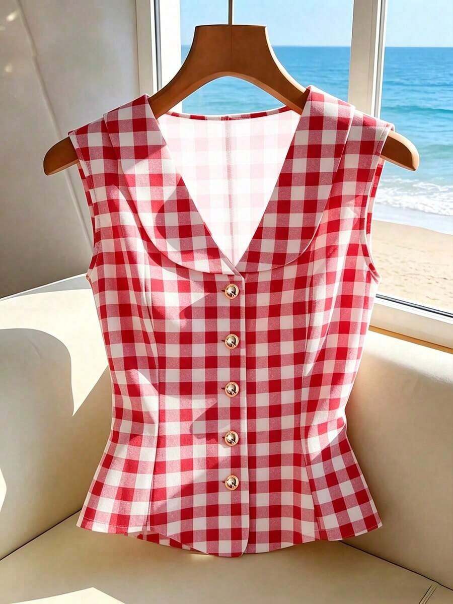 Blusa sin mangas elegante amarilla, top de verano elegante y estilizador para mujeres - Rojo 2 - Ver 1