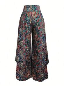 Pantalones anchos con bajo asimétrico y estampado de paisley casuales para uso en resort para mujer - Multicolor 2 - Ver 2