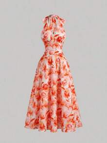 Vestido de mujer de moda con estampado total, cuello halter y lazo en la cintura, de largo medio - Naranja - Ver 4