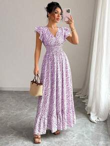Nuevo vestido casual de vacaciones para mujer con manga corta con volantes, cintura ceñida y estampado floral menudo - Aspecto estilizador y alargador - Morado - Ver 7