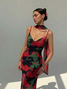 vestido con cuello drapeado sexy con espalda descubierta, estampado de malla con flores románticas y tirantes extra largos - Negro - Ver 4