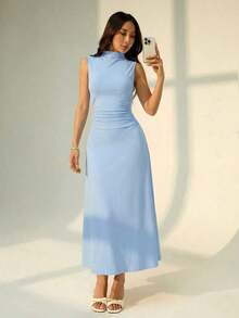 Vestido maxi de línea A con cuello mao, sin mangas, fruncido, color blanco, nuevo para el Día de San Valentín.Elegante y romántico atuendo para citas y trabajo, vestidos de verano para mujer - Celeste - Ver 4