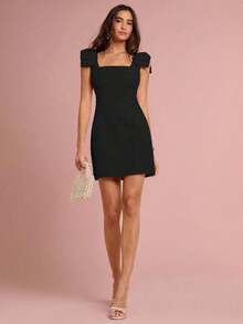 Vestido mini rosa con gran lazo en el hombro, sin mangas, estilo princesa, romántico para mujer, dulce y elegante para vacaciones, citas, fiestas, graduación, invitadas a bodas, vestido de fiesta, vestidos de verano para mujer, ropa de verano - Negro - Ver 5