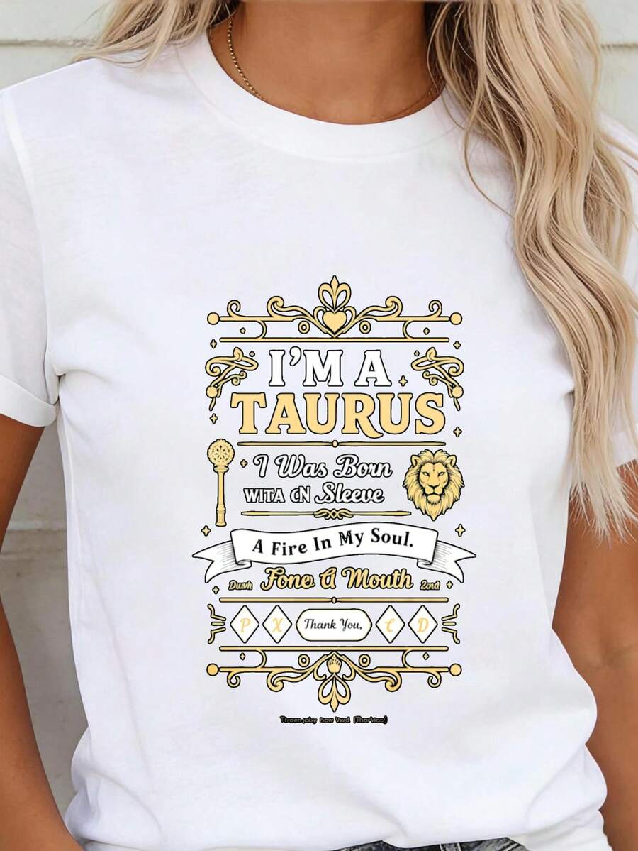 Women's Round Neck T-Shirt With Vintage Zodiac Design, Loose Fit, Made Of Pure Cotton, Modern And Versatile, With A Soft And Comfortable Fabric, Suitable For Everyday Wear And As A Holiday Gift, With An Astrological Theme Of Taurus, Eye-Catching Text And Decorative Details, Perfect For Spring And Summer. - 白色 - 查看 1