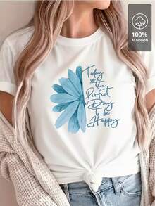 Camiseta con estampado de cita de flores azules - 100% algodón - [Blanco] - Ver 1