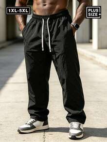 Plus Size Men's Woven Casual Straight Leg Pants, Loose Drawstring Style, Lightweight & Comfortable Casual Trousers Black Sports - Black - View 1