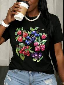 Casual T-Shirt With Fruit Print, White T-Shirt For Women, Summer Casual Top With Strawberry, Cherry, Raspberry And Blueberry Design, Short Sleeve, Round Neck, 100% Cotton, Durable - 黑色 - 查看 1