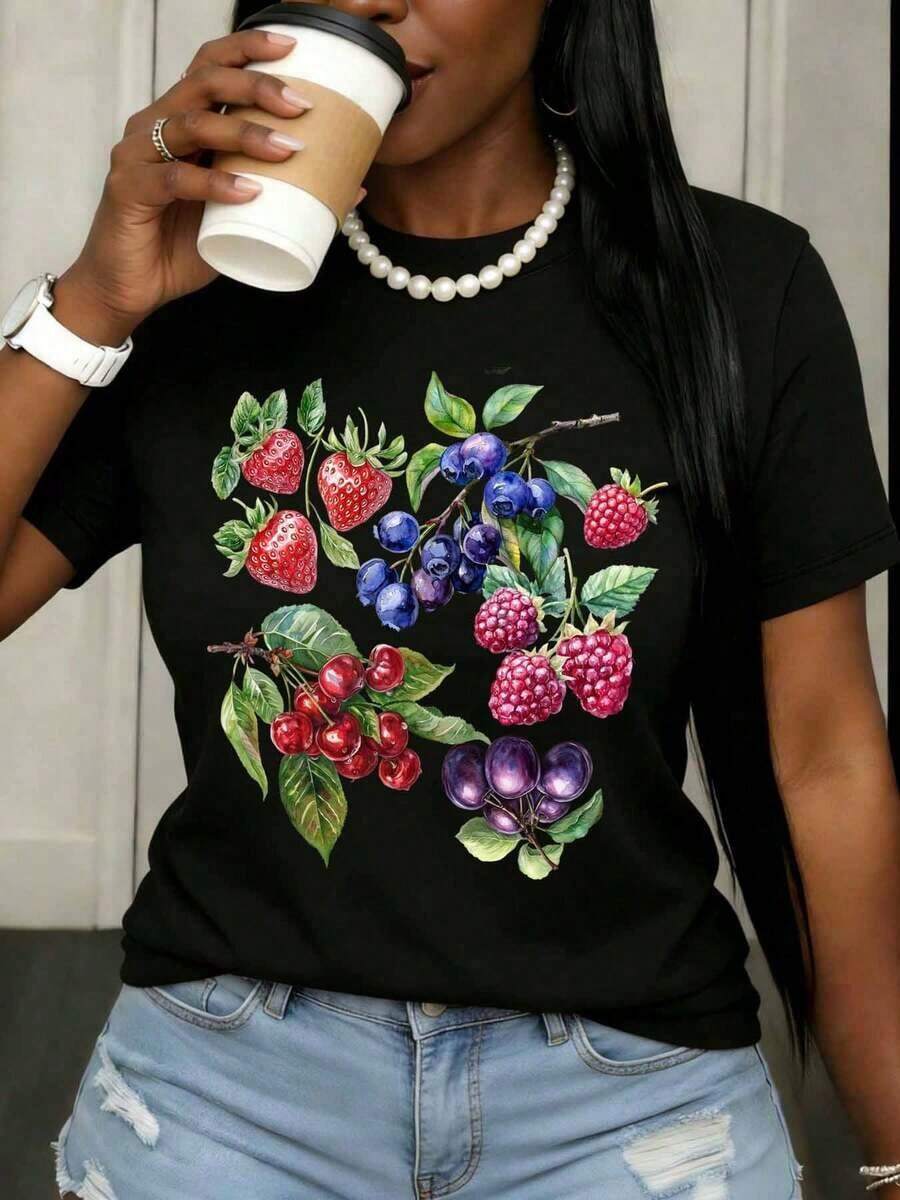 Casual T-Shirt With Fruit Print, White T-Shirt For Women, Summer Casual Top With Strawberry, Cherry, Raspberry And Blueberry Design, Short Sleeve, Round Neck, 100% Cotton, Durable - 黑色 - 查看 1