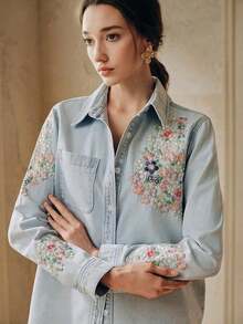 Camisa de mujer de manga larga con bordado floral elegante, romántica para fiestas, vacaciones, combina con jeans, primavera/verano - Azul - Ver 5