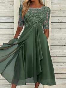 Robe de la ninfa etérea, chiffon que fluye como brisa, aplicaciones de encaje con calados de ensueño, esencia de la elegancia ligera y romántica para ser la musa perfecta en bodas y celebraciones - Verde - Ver 1