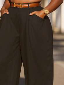 Plus Size Women Vintage Casual Solid Color Pleated Cone Pants, Spring/Summer (Belt Not Included) Black - Black - View 2