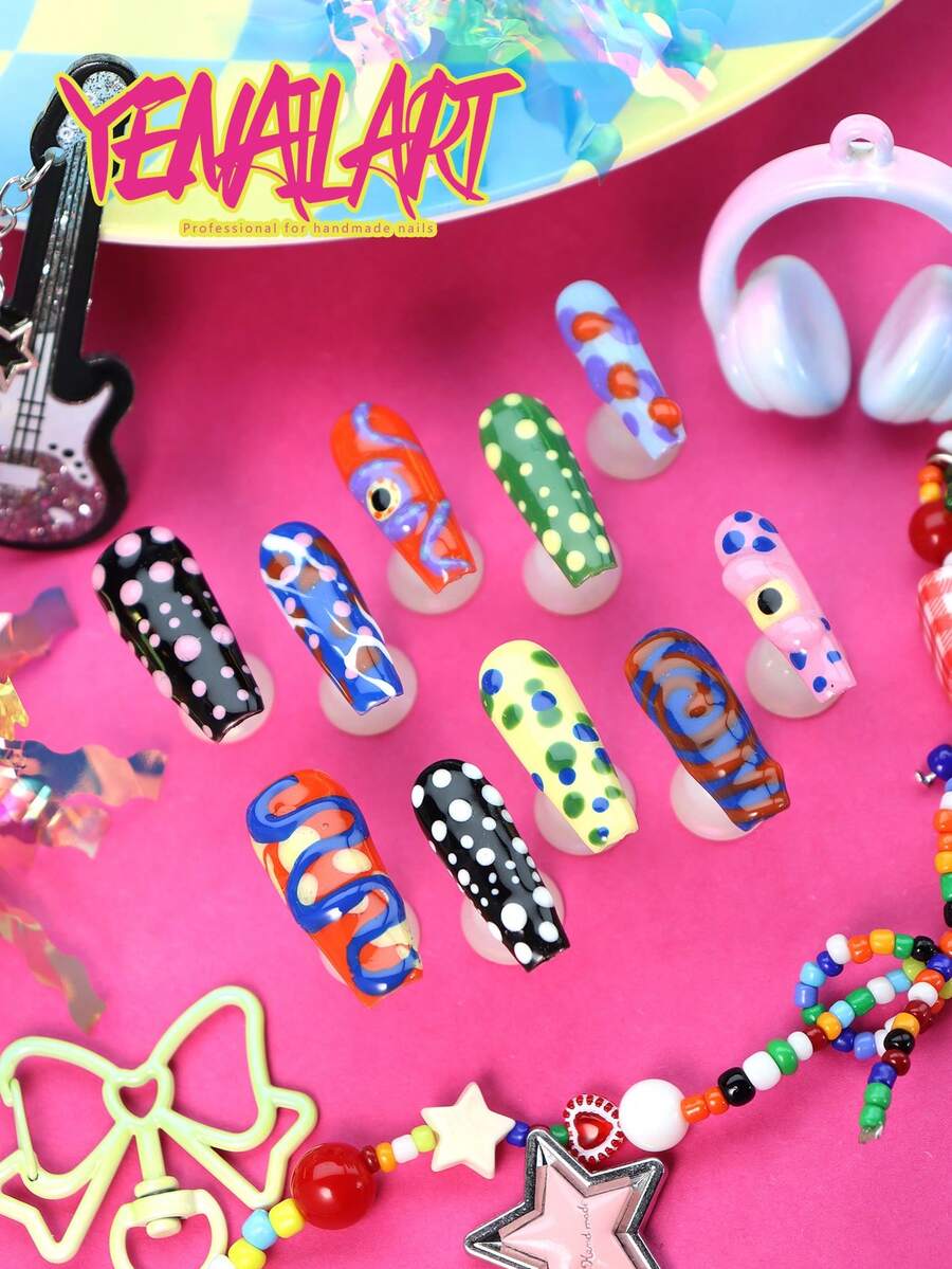 10Pcs Handmade Square Press On Nails, European Full Cover Y2K Summer Nails, Gradient Blue Yellow Green Purple, Cartoon Ghost Mushroom & Star Patterns, Fun False Nails For Music Festivals, Daily Life And Parties, Nail Supplies - Multicolor - View 1