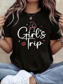 Women's 'S Theme T-Shirt | Toast And Red Lips Slogan Decoration, Casual Short Sleeve, Sweet-Fresh And Lively White-Red Top For Best Girlfriend Trips, Spring/Summer Season - 黑色 - 查看 1