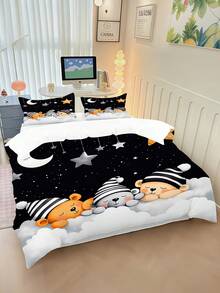 2/3pcs Customized Name Sleepy Bear Star Moon Children's Duvet Cover Set, Comfortable Night Sky Style Polyester Bedding, Includes Pillowcase, Soft And Breathable, Wrinkle-Resistant, Personalized Bedspread And Birthday Gift For Boys' Bedroom - Multicolor - View 2