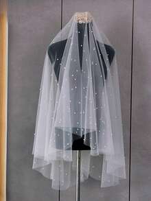 Beaded Wedding Veil 2 Tier Bridal Veils With Comb Wedding Cover Front And Back Soft Tulle Veil - Multicolor - View 5