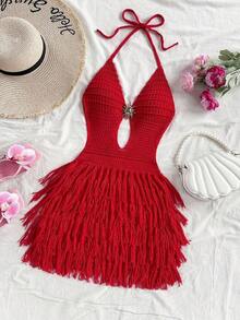 Vestido de suéter ajustado con cuello en V, escote halter y espalda con lazo, estilo bohemio, para vacaciones, otoño/invierno - Rojo - Ver 6