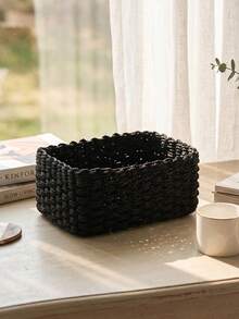 1 pieza/(S+M+L)3 piezas Cestas de almacenamiento tejidas con cuerda de papel negro, organizadores rectangulares apilables tejidos a mano, multiusos rústicos de estilo granja para baño, dormitorio, sala de estar, cocina, cosméticos, artículos de tocador y pequeños artículos - Negro - Ver 6