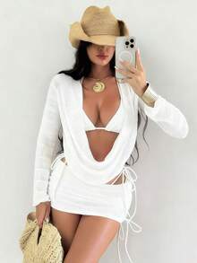 Traje de baño para mujer con vestido de playa de manga larga de malla de color sólido con efecto tie-dye, conjunto de bikini sexy de cuatro piezas. - Rosa - Ver 7