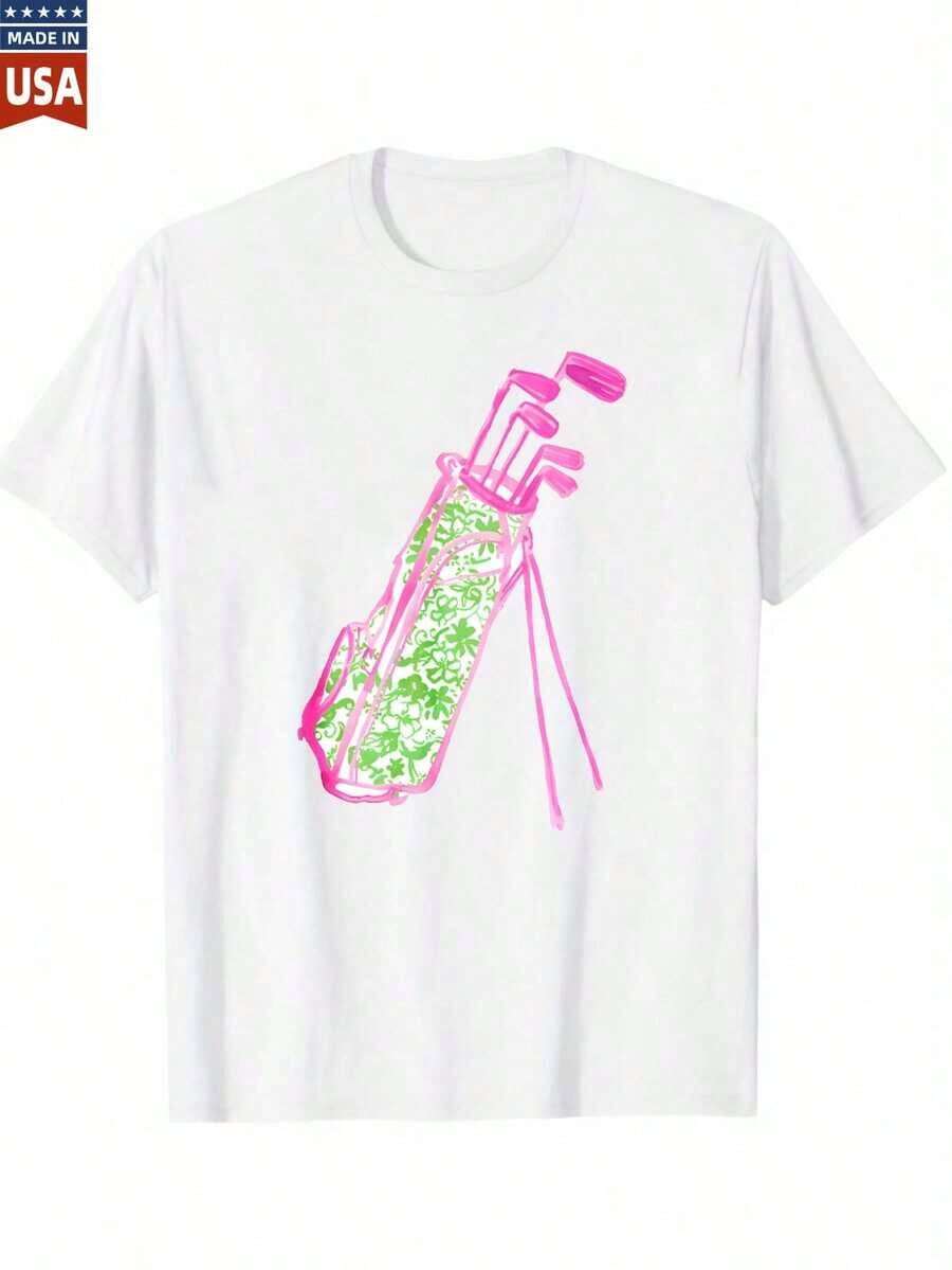 Women's Golf T-Shirt, 100% Cotton, Pink And Green Design, Comfortable And Casual Ladies' T-Shirts, Sportswear, Golf Apparel, Printed T-Shirts For Women - High Quality - 白色 - 查看 1