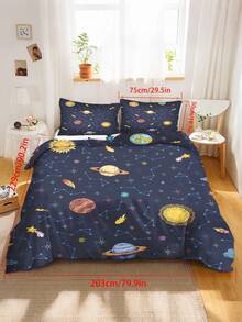 2/3件組 銀河太空行星星座兒童床上用品套裝，深藍色太陽系星星流星印花被套組，柔軟輕盈外太空床品套裝，適用單人/雙人/加大床 - 彩色 - 查看 10