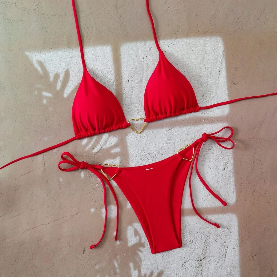 26 New Bikini Models, Sexy Two-Piece Bikini With Triangle Cup, Sexy Solid Color Swimsuit. - Red - View 1