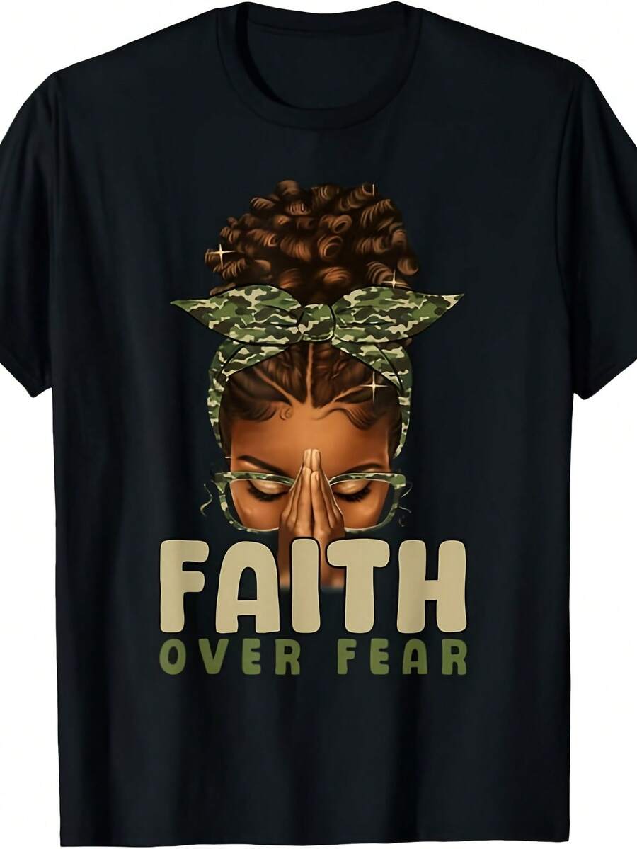 Men's Afro Camouflage T-Shirt "Faith In More Than Fear" Crew Neck 180G Short Sleeve Casual - 黑色 - 查看 1