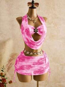 Women's Spring And Summer Beachwear Set, Featuring A Printed Mesh Tank Top With A Deep Neckline And Gold Flower Embellishment, And A Fitted Bodysuit Skirt. Earth-Toned Dress, Scarf, And Slip Dress Set For Vacation. - 多色 2 - 查看 4