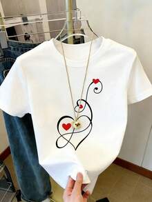 Top de algodón de una pieza para mujer, de cuello redondo y a la moda, estampado con letras y divertidos dibujos animados, camiseta de cuello redondo para primavera/verano, top elegante y cómodo, regalo para el Día de San Valentín. HKQX - Blanco - Ver 1