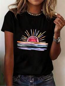 Top de Verano para Mujer, Camiseta Casual de Manga Corta con Estampado de Ondas y Atardecer en Acuarela, Estilo Vacaciones en la Playa, Ligero y Transpirable| Blusas casuales para mujer - Negro - Ver 1