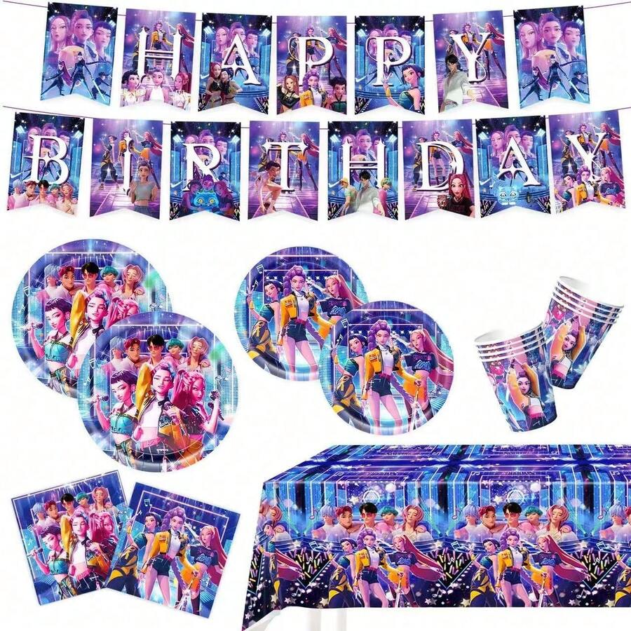 51件組女孩團體動漫主題派對套裝,適合10人使用,一次性生日派對餐具,包含盤子、杯子、餐巾紙,露營、野餐、烤肉、萬聖節、聖誕節節慶用品,派對裝飾,粉絲禮物,美感風格 - 彩色 - 查看 1