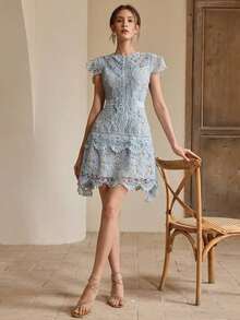 Vestido de verano elegante para mujeres con cuello redondo, manga corta, parches florales, bordados calados y encaje, ideal para primavera, vacaciones y festivales - Celeste - Ver 4