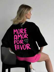 Camiseta de mujer 2026, cuello redondo, manga corta, estampada, corte holgado, estilo deportivo y casual, perfecta para verano, envío nacional. - Negro - Ver 1