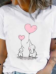 Camiseta Deportiva Casual para Mujer con Diseño Minimalista de Elefante - Camiseta Elástica de Cuello Redondo, Lavable aáquina, Ajuste Cómodo para Todas las Estaciones, Estilo Moderno y Versátil. - Blanco - Ver 1