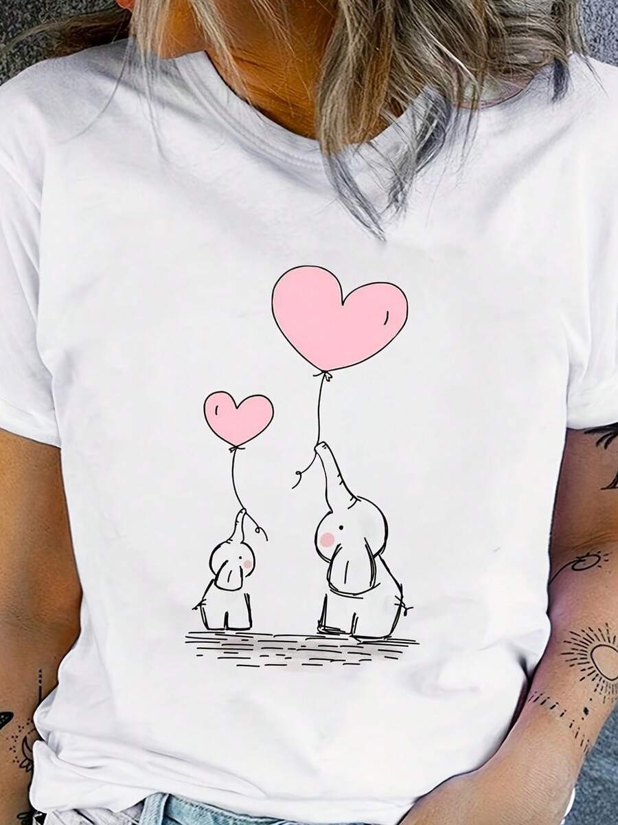 Camiseta Deportiva Casual para Mujer con Diseño Minimalista de Elefante - Camiseta Elástica de Cuello Redondo, Lavable aáquina, Ajuste Cómodo para Todas las Estaciones, Estilo Moderno y Versátil. - Blanco - Ver 1