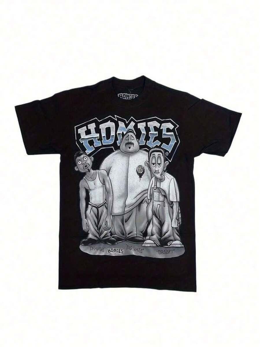 Men'S Retro  HOMIES  Graphic T-Shirt - Dark Wind Comfort Cotton, Casual Crew Neck, Regular Fit, Ideal Spring Summer Fall, Perfect Valentine'S Day Gift, Casual Wear Tee     Bold Lettering Design - màu đen - Xem 1