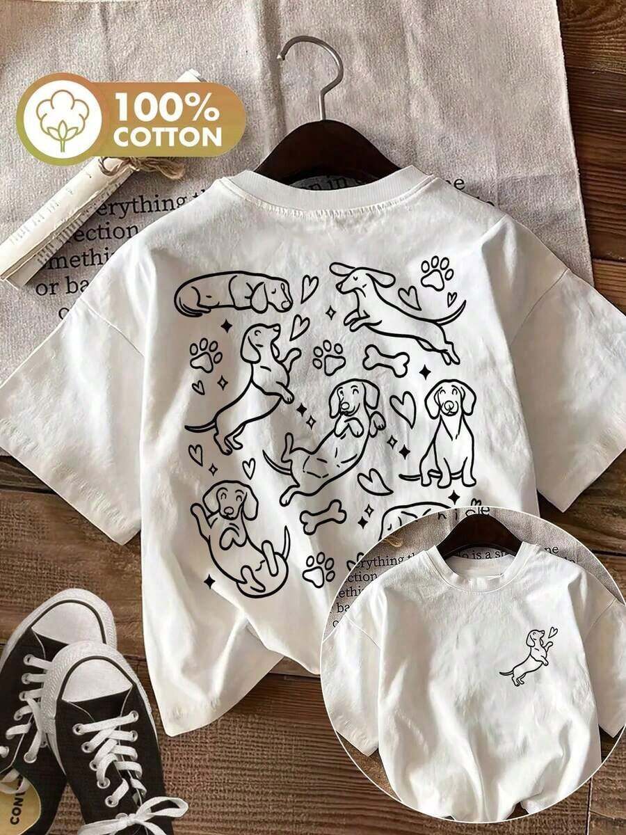 Women's Casual Loose Fit T-Shirt With "Dachshund Dog" Print, Breathable And Comfortable, Short Sleeve, Round Neck, 100% Cotton, Double-Sided Print, Soft Fabric, Perfect For Everyday Wear And Urban Style For Dog Lovers. - 白色 - 查看 1